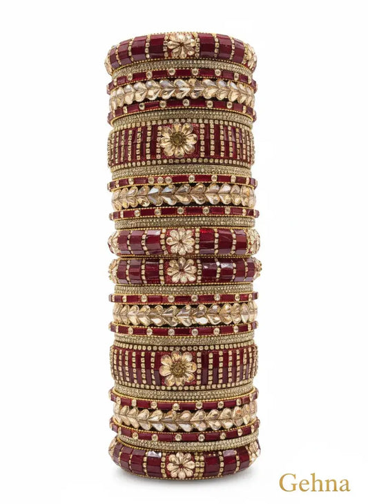 Dark Red Gold Bridal Bangle Set – 26 Piece Kundan & Stone Work showcasing traditional bridal elegance.