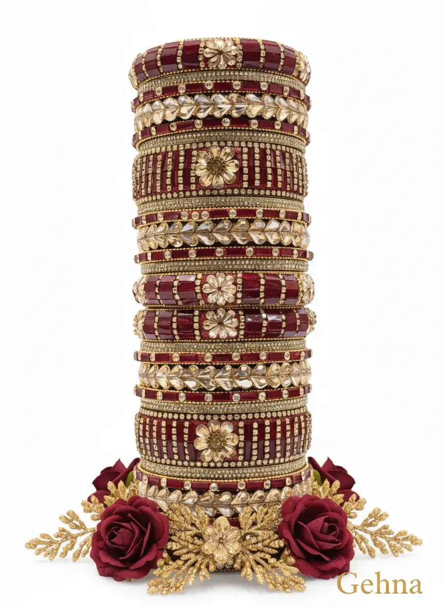 dark red gold bridal bangle set – 26 piece kundan & stone work featuring intricate designs and embellishments.