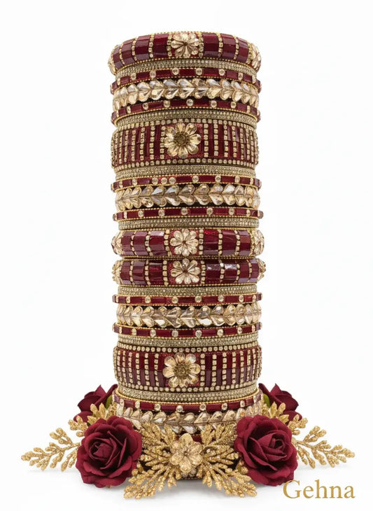 Dark Red Gold Bridal Bangle Set – 26 Piece Kundan & Stone Work featuring intricate designs and embellishments.
