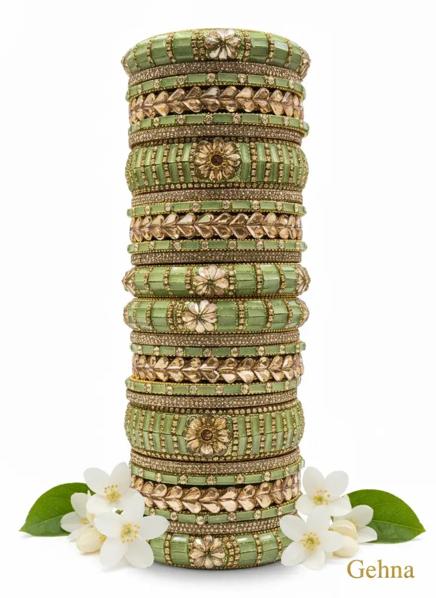 green-gold bridal bangle set | 26 pcs kundan stone work by gehna displayed elegantly with floral accents.
