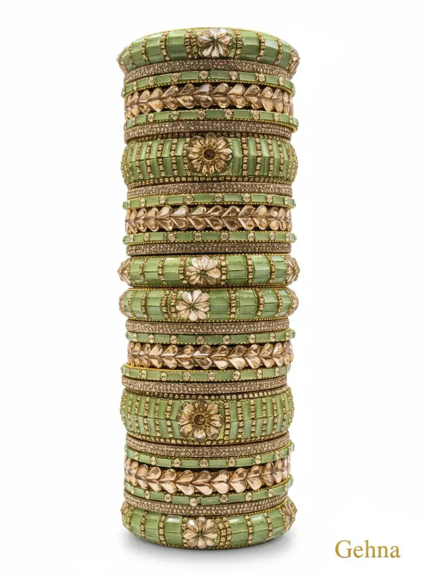 green-gold bridal bangle set | 26 pcs kundan stone work by gehna showing intricate design and detailing.