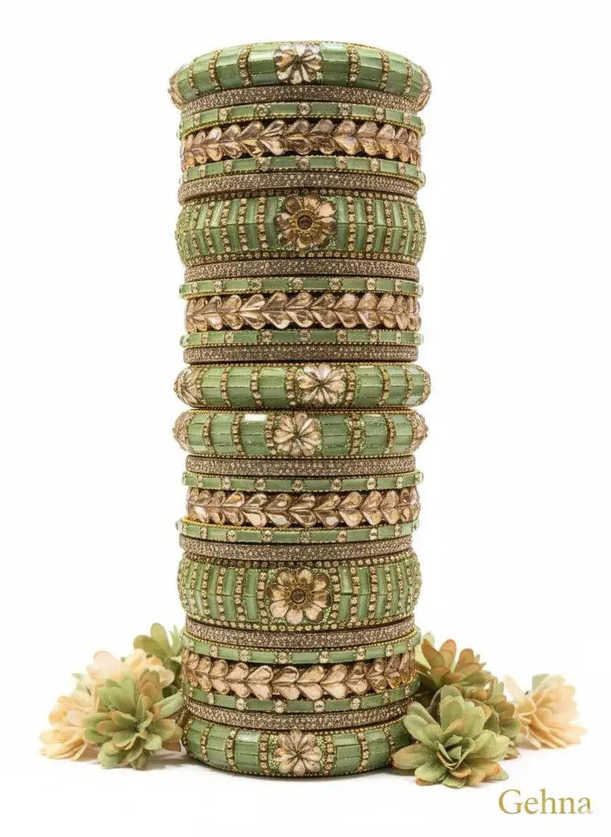 green-gold bridal bangle set | 26 pcs kundan stone work by gehna displayed elegantly.
