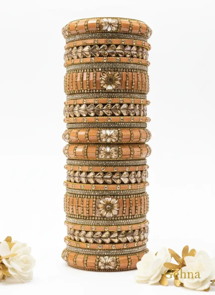 Peach-Gold Bridal Bangle Set – 26 Pieces Kundan & Stone Work by Gehna featuring detailed kundan and stone work.