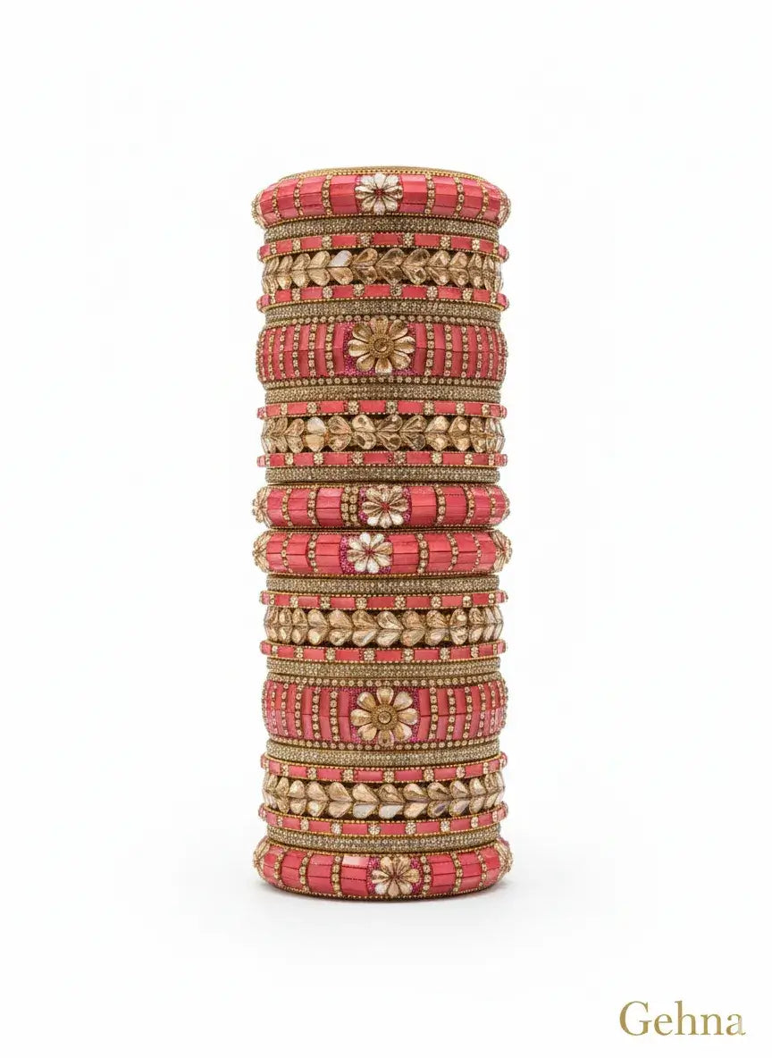 pink gold bridal bangle set — 26 pcs kundan stone work | gehna showing elegant design with kundan stone detailing.