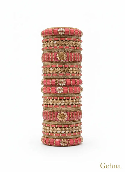 Pink Gold Bridal Bangle Set — 26 Pcs Kundan Stone Work | Gehna showing elegant design with kundan stone detailing.