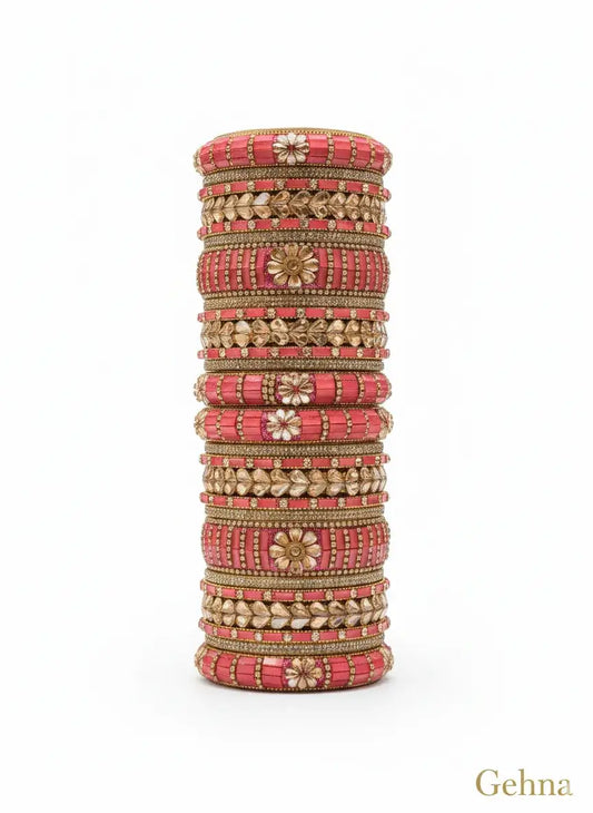 Pink Gold Bridal Bangle Set — 26 Pcs Kundan Stone Work | Gehna showing elegant design with kundan stone detailing.