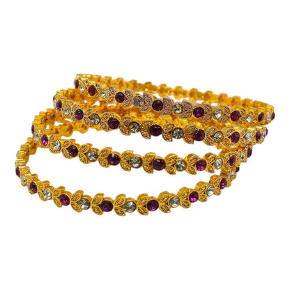 Gold-Plated Pink & White Stone Floral Bangles Set