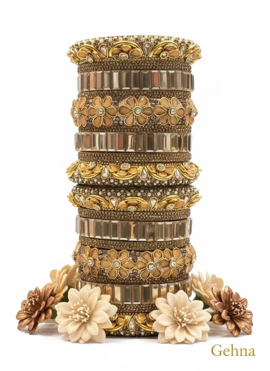 Golden Bridal Floral Bangles – Premium Traditional Ethnic Jewellery showcasing intricate stone and floral designs.