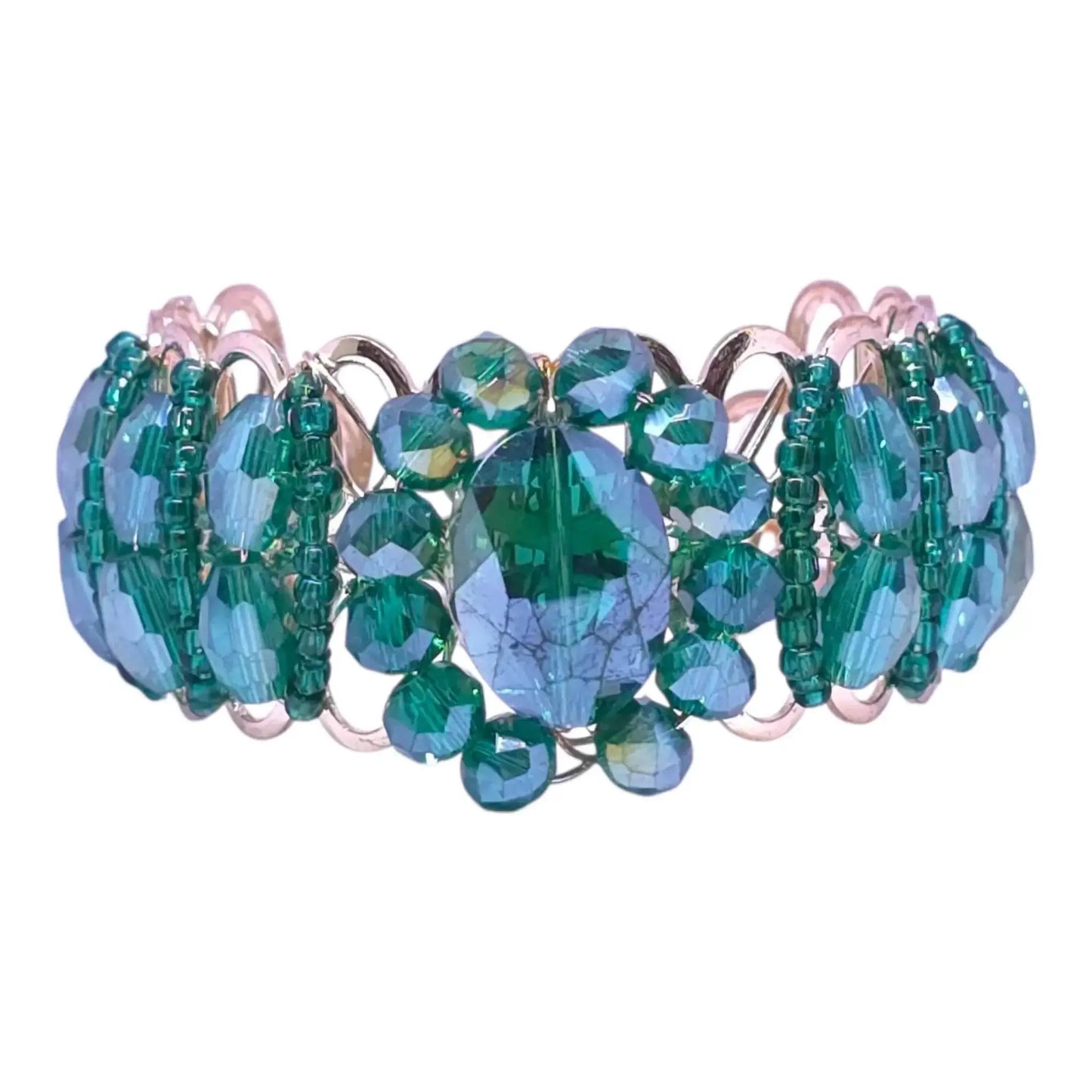 green crystal beaded bracelet with gold wirework for women