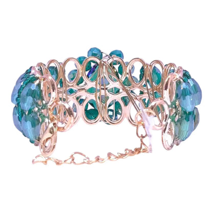 Green Crystal Beaded Bracelet with Gold Wirework for Women