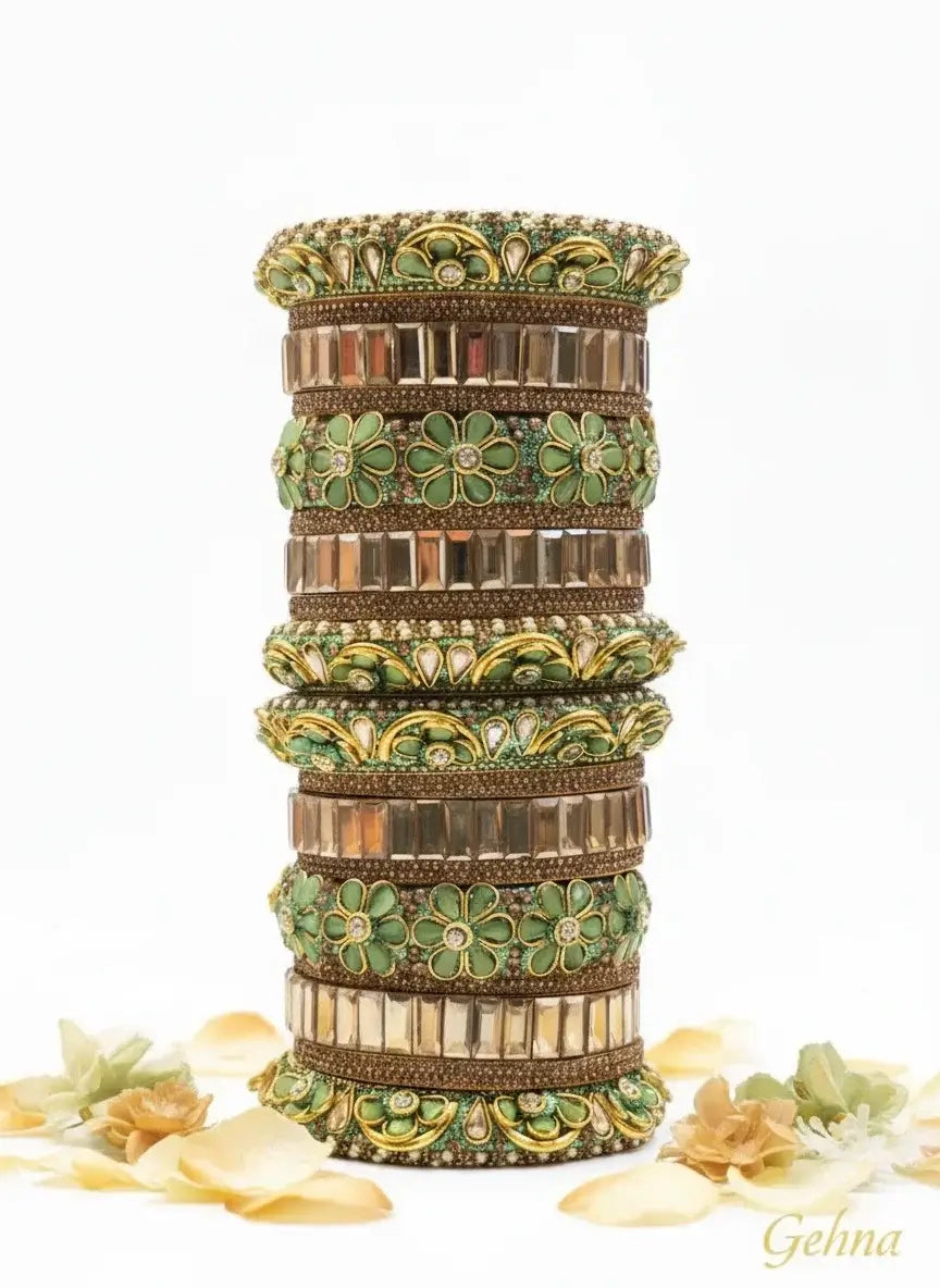 green floral designer stone bangles set – traditional bridal & party wear displayed with intricate floral motifs and crystal stones.