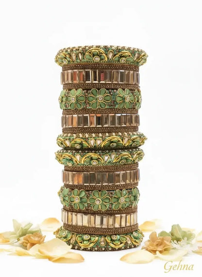 Green Floral Designer Stone Bangles Set – Traditional Bridal & Party Wear displayed with intricate floral motifs and crystal stones.