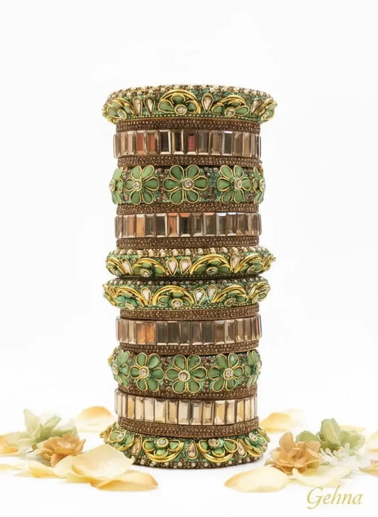 Green Floral Designer Stone Bangles Set – Traditional Bridal & Party Wear displayed with intricate floral motifs and crystal stones.