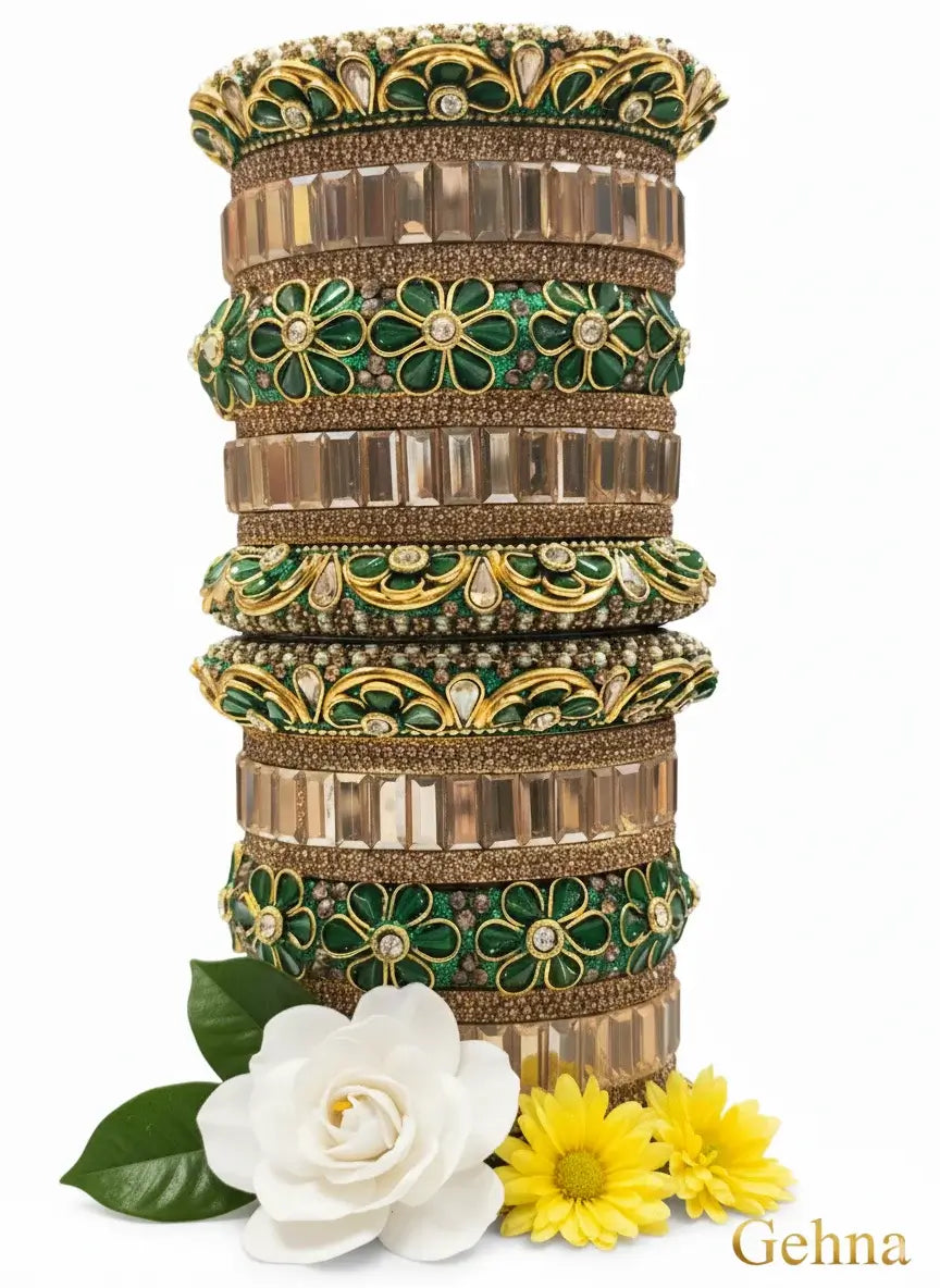 Green & Gold Bridal Floral Bangles – Premium Ethnic Jewellery Set featuring intricate stonework and floral designs.