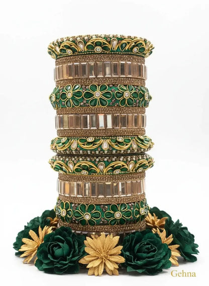 Green & Gold Bridal Floral Bangles – Premium Ethnic Jewellery Set displayed elegantly on a white background with floral accents.