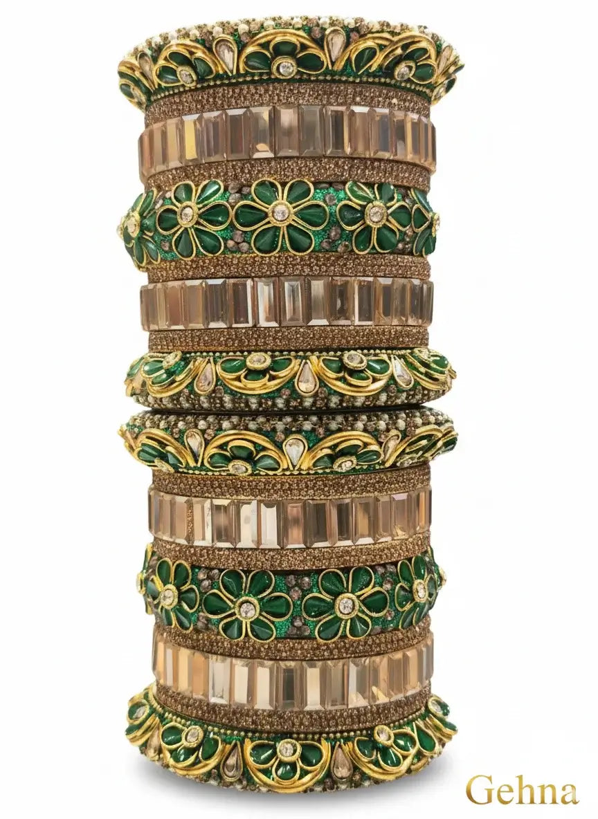 green & gold bridal floral bangles – premium ethnic jewellery set showcasing intricate design and shimmering stones.