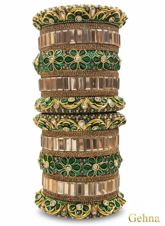 Green & Gold Bridal Floral Bangles – Premium Ethnic Jewellery Set showcasing intricate design and shimmering stones.