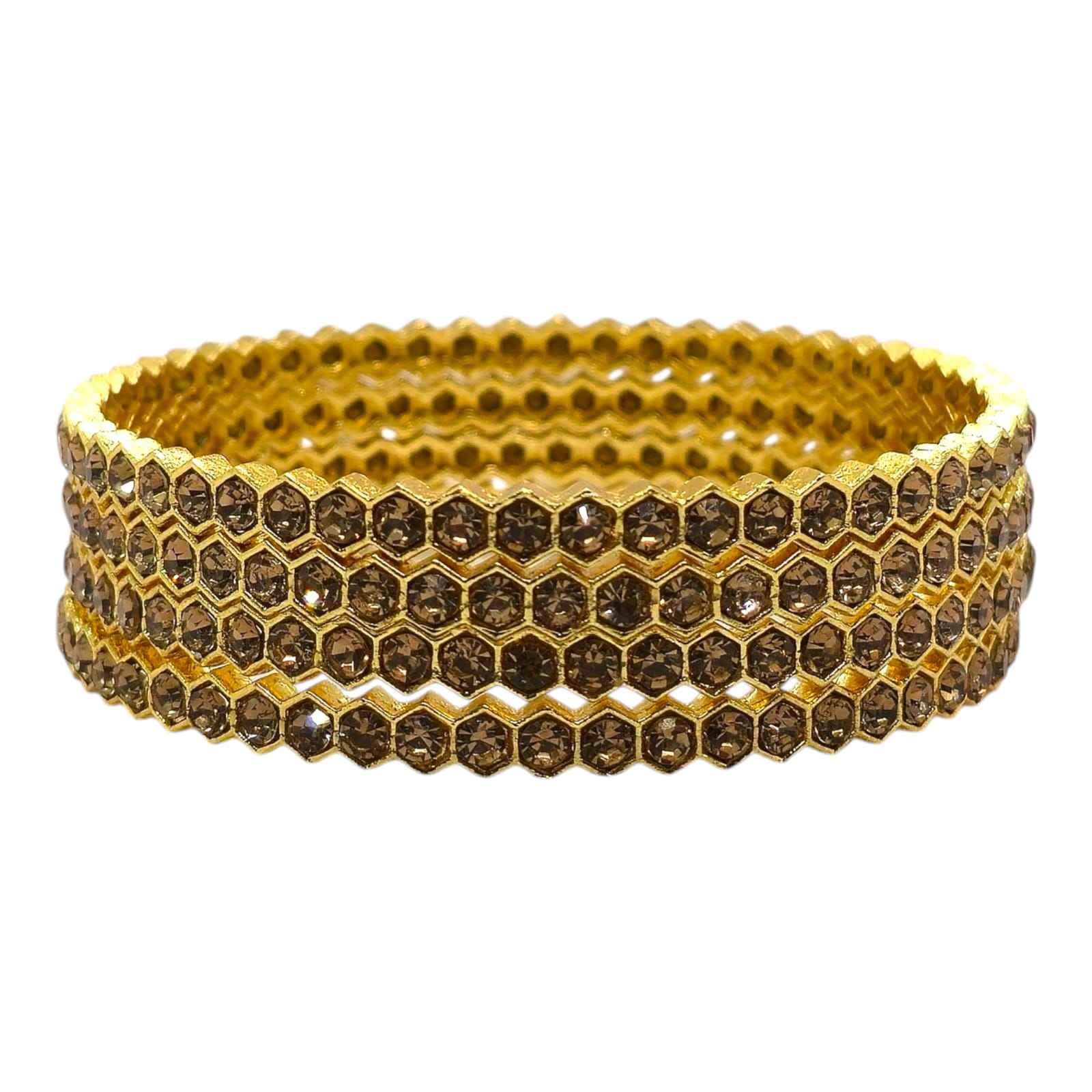 hexagon Gold-Plated Crystal Bangles Set with Brown Crystals