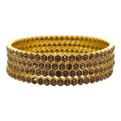 hexagon Gold-Plated Crystal Bangles Set with Brown Crystals