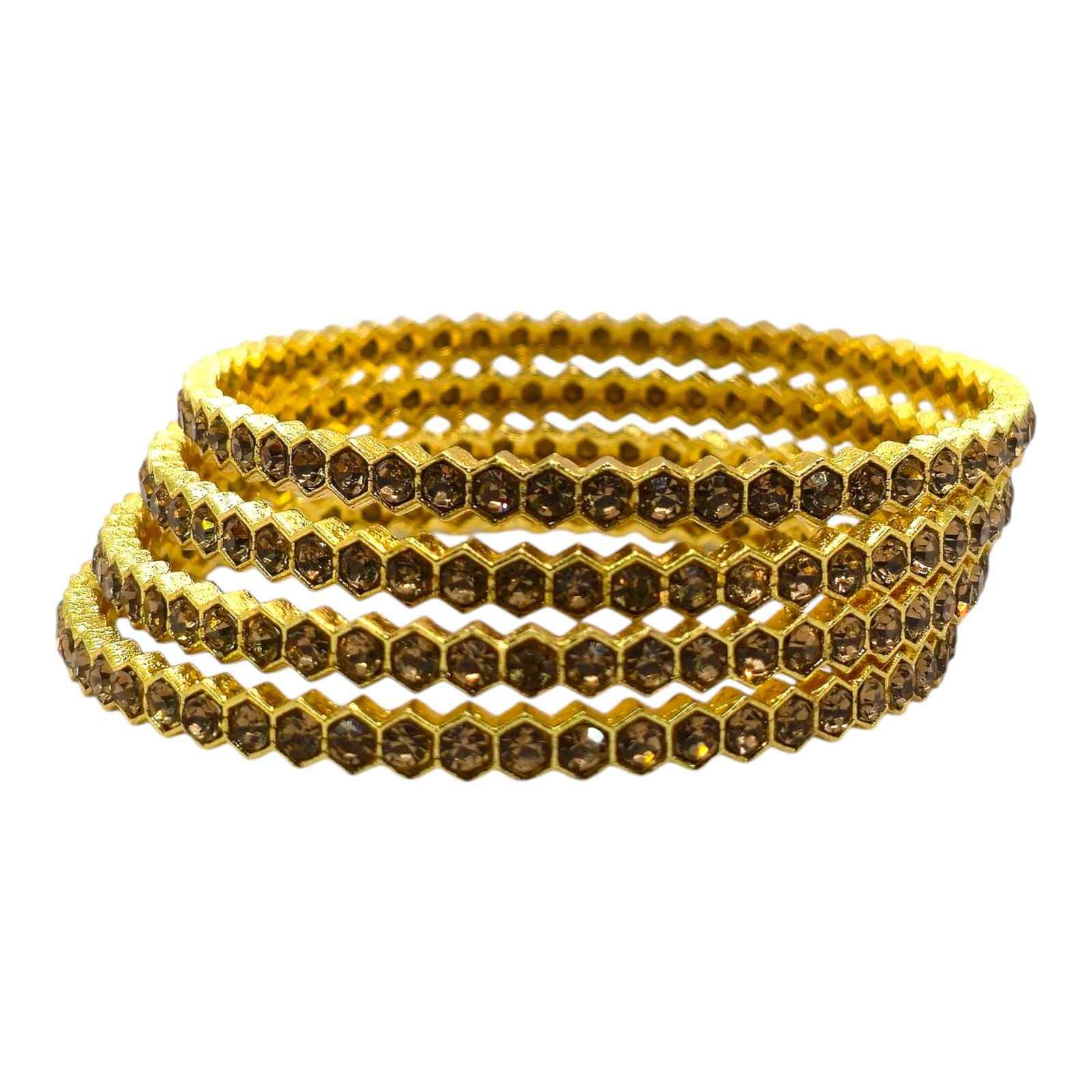 hexagon Gold-Plated Crystal Bangles Set with Brown Crystals