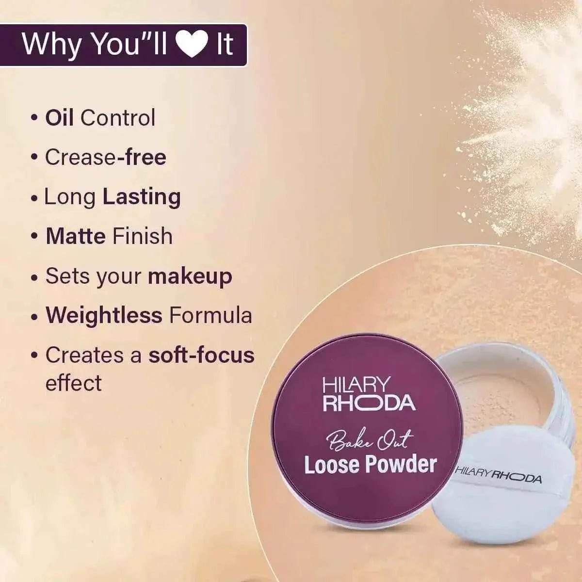 hilary rhoda bake out loose powder - matte finish & lightweight, oil control, hides imperfections, 10g (banana - shade 02)