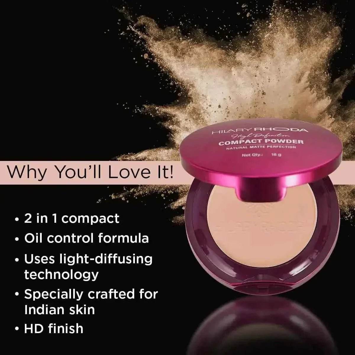 hilary rhoda hd high-definition pressed powder - 2-in-1 compact, shimmery & matte finish, oil control, 18g (sand - shade 04)