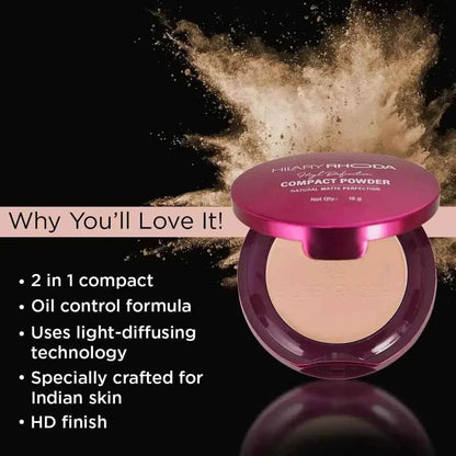 Hilary Rhoda HD Pressed Powder - 2-in-1 Compact, Oil Control, 18g (Vanilla - Shade 02)