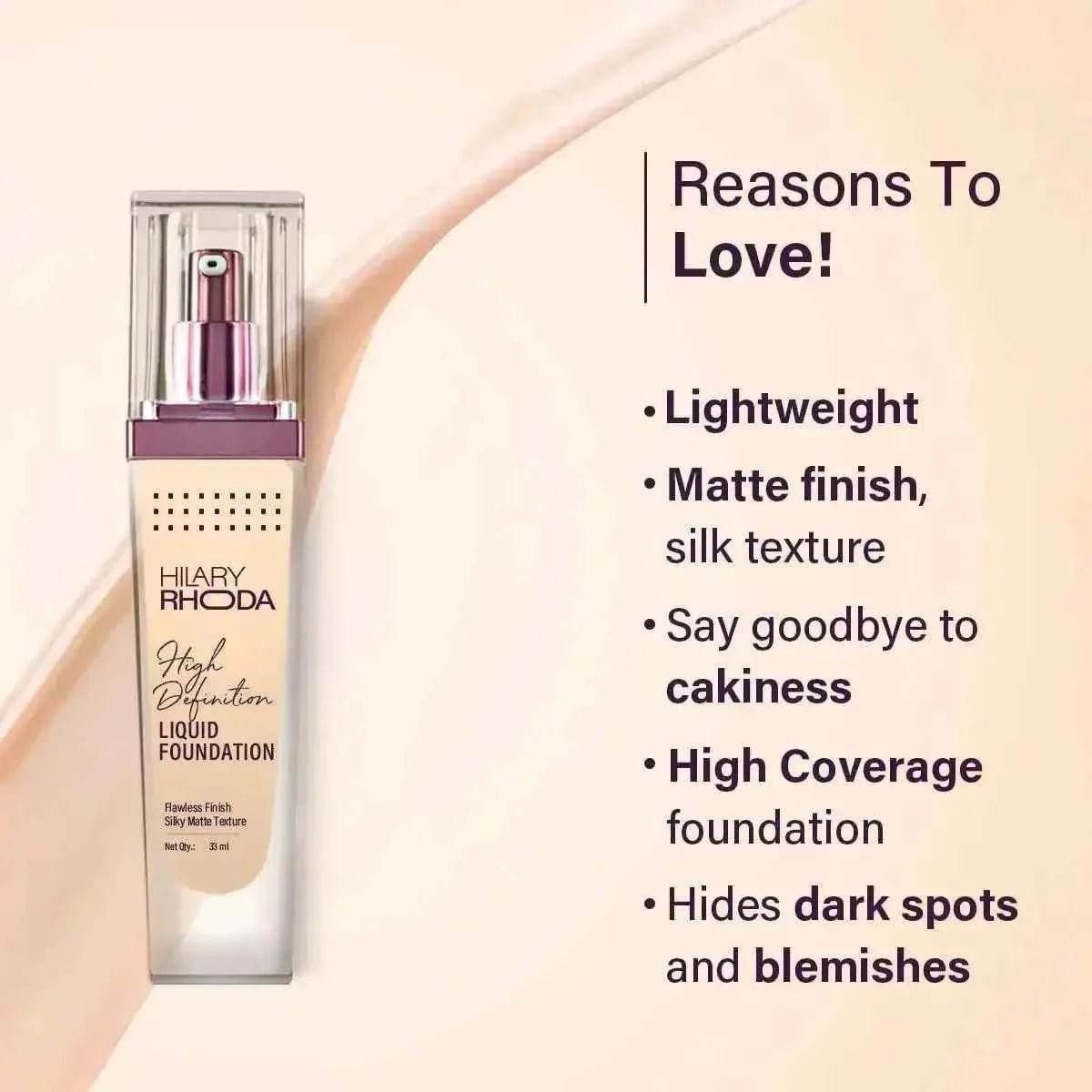 hilary rhoda high definition foundation - full coverage, matte finish, hides pores & blemishes, 33ml (white ivory | shade 01)