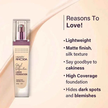 Hilary Rhoda High Definition Foundation - Full Coverage, Matte Finish, Hides Pores & Blemishes, 33ml (White Ivory | Shade 01)