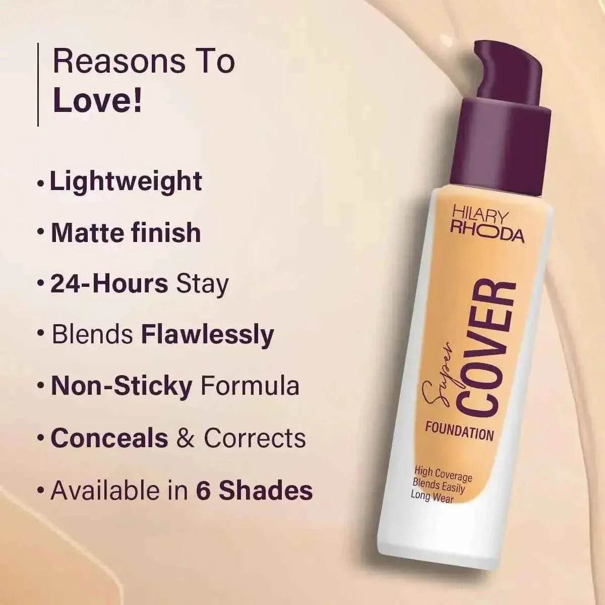 hilary rhoda super cover foundation - high coverage, waterproof, matte finish, 24-hour stay, blemish-free, 30g (fair ivory | shade 02)