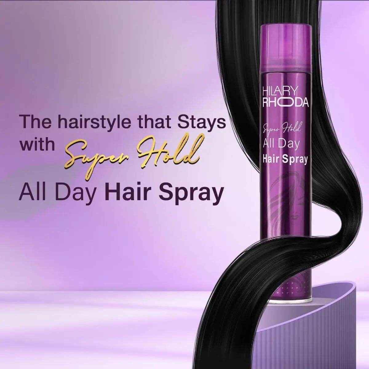 hillary rhoda super hold hair spray | ultra strong all day hold | no residue, sweat-proof | 420ml