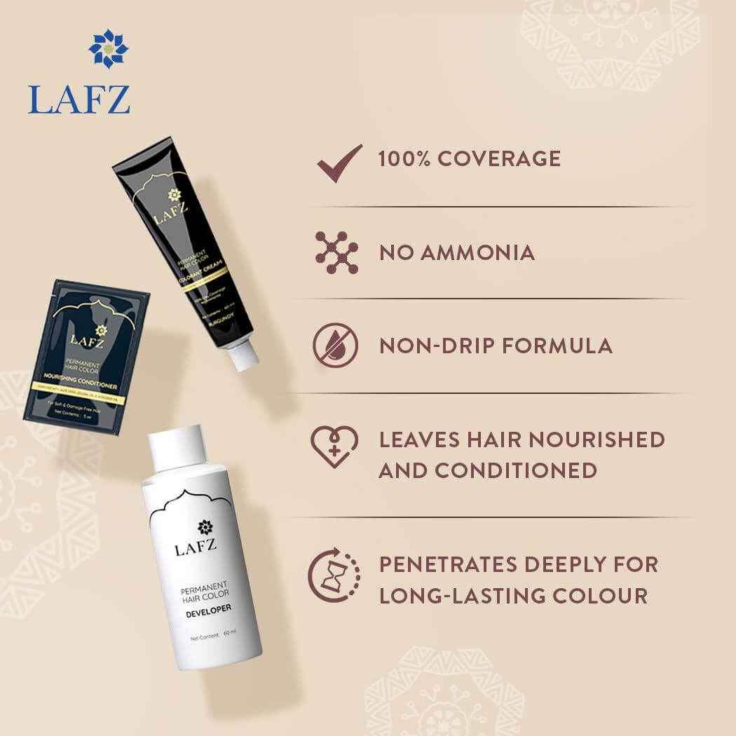 Lafz Halal Permanent Hair Color – No Ammonia, Coffee & Argan Oil Infused | 100% Gray Coverage, Long-Lasting Natural Black | Smooth & Shiny Finish | Halal Certified Hair Dye for Men & Women, 130ml