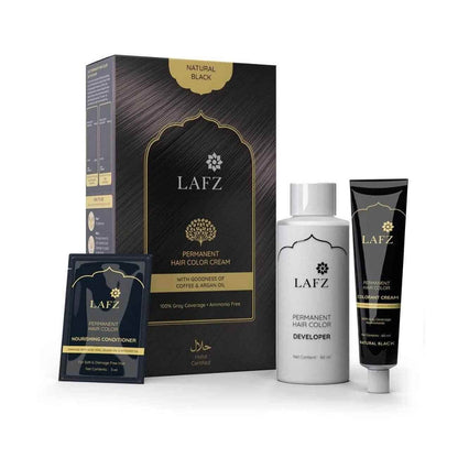 Lafz Halal Permanent Hair Color – No Ammonia, Coffee & Argan Oil Infused | 100% Gray Coverage, Long-Lasting Natural Black | Smooth & Shiny Finish | Halal Certified Hair Dye for Men & Women, 130ml