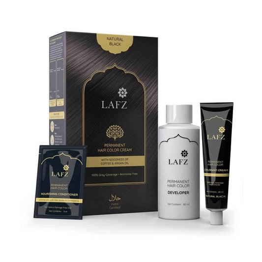 Lafz Halal Permanent Hair Color – No Ammonia, Coffee & Argan Oil Infused | 100% Gray Coverage, Long-Lasting Natural Black | Smooth & Shiny Finish | Halal Certified Hair Dye for Men & Women, 130ml