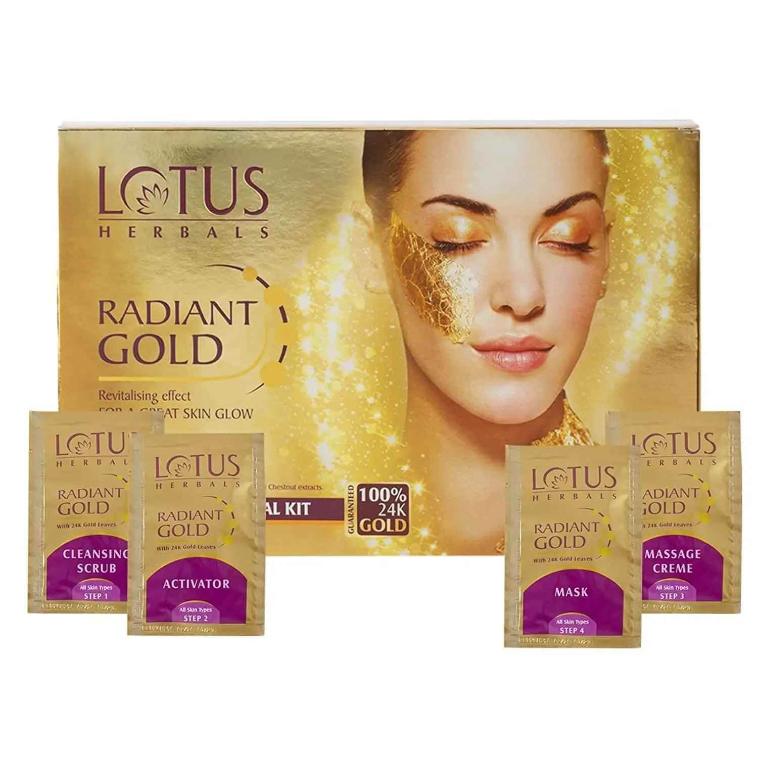Lotus Herbals Radiant Gold Cellular Glow Facial Kit with 24K Gold Leaves – For Glowing Skin, All Skin Types, 37g