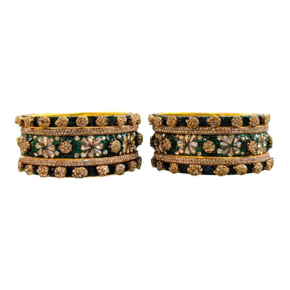 Luxury Green and Gold Crystal Bangles Set – Floral Design, Bridal Jewelry