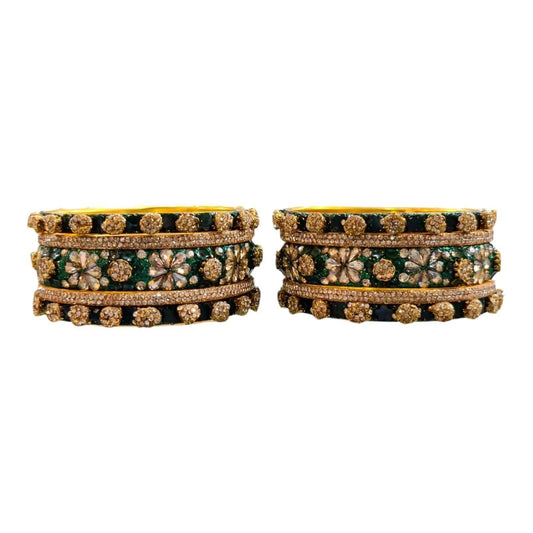 Luxury Green and Gold Crystal Bangles Set – Floral Design, Bridal Jewelry