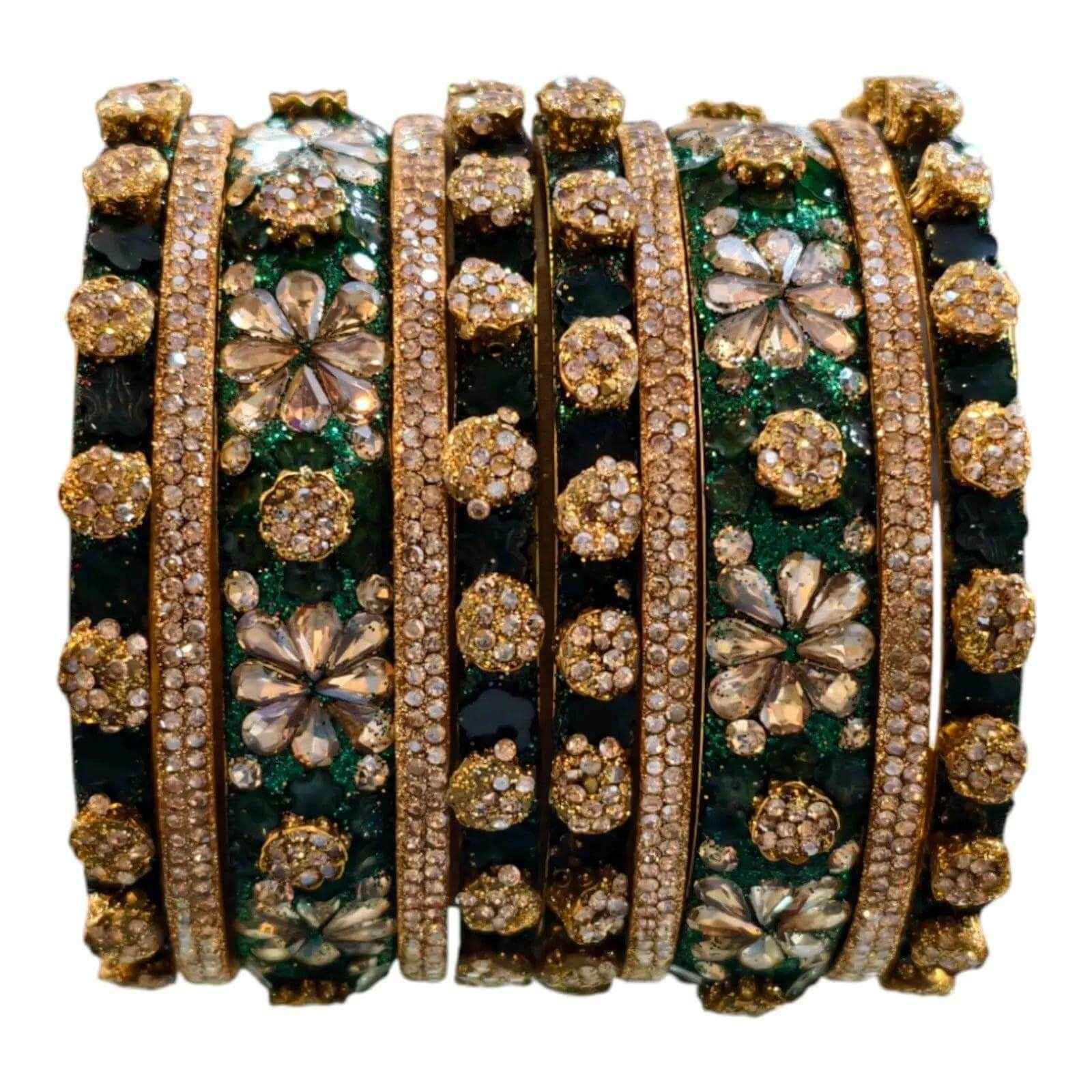 Luxury Green and Gold Crystal Bangles Set – Floral Design, Bridal Jewelry