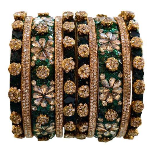 Luxury Green and Gold Crystal Bangles Set – Floral Design, Bridal Jewelry