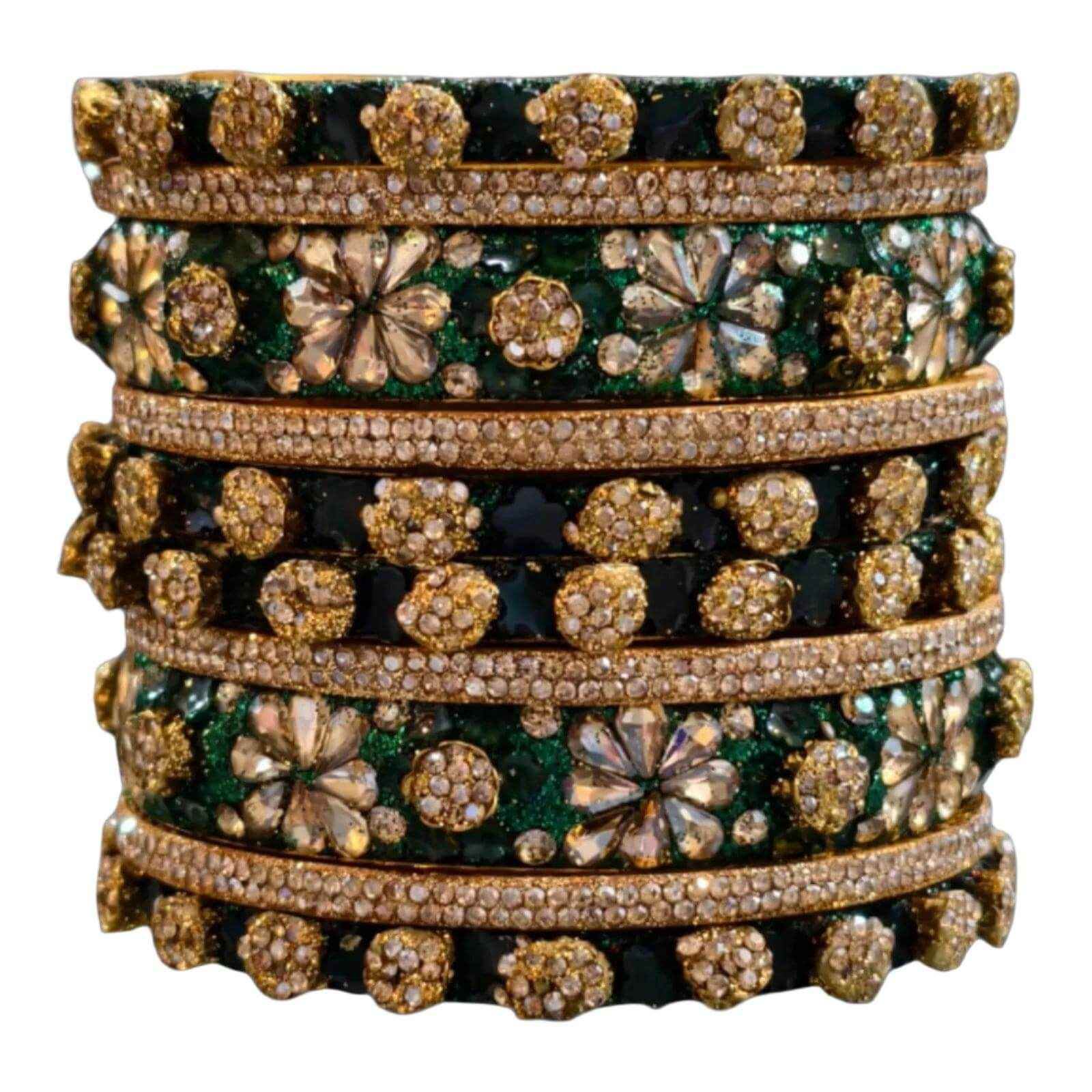 Luxury Green and Gold Crystal Bangles Set – Floral Design, Bridal Jewelry