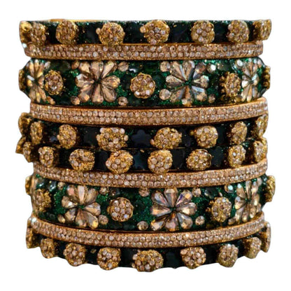 Luxury Green and Gold Crystal Bangles Set – Floral Design, Bridal Jewelry