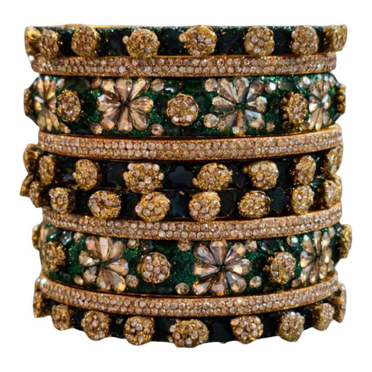 Luxury Green and Gold Crystal Bangles Set – Floral Design, Bridal Jewelry