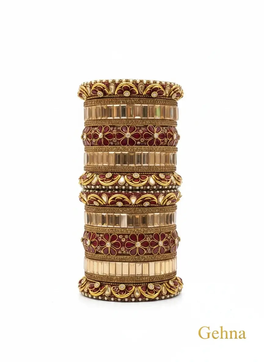 maroon & gold bridal floral bangles – premium ethnic jewellery set showcasing intricate floral designs and golden accents.