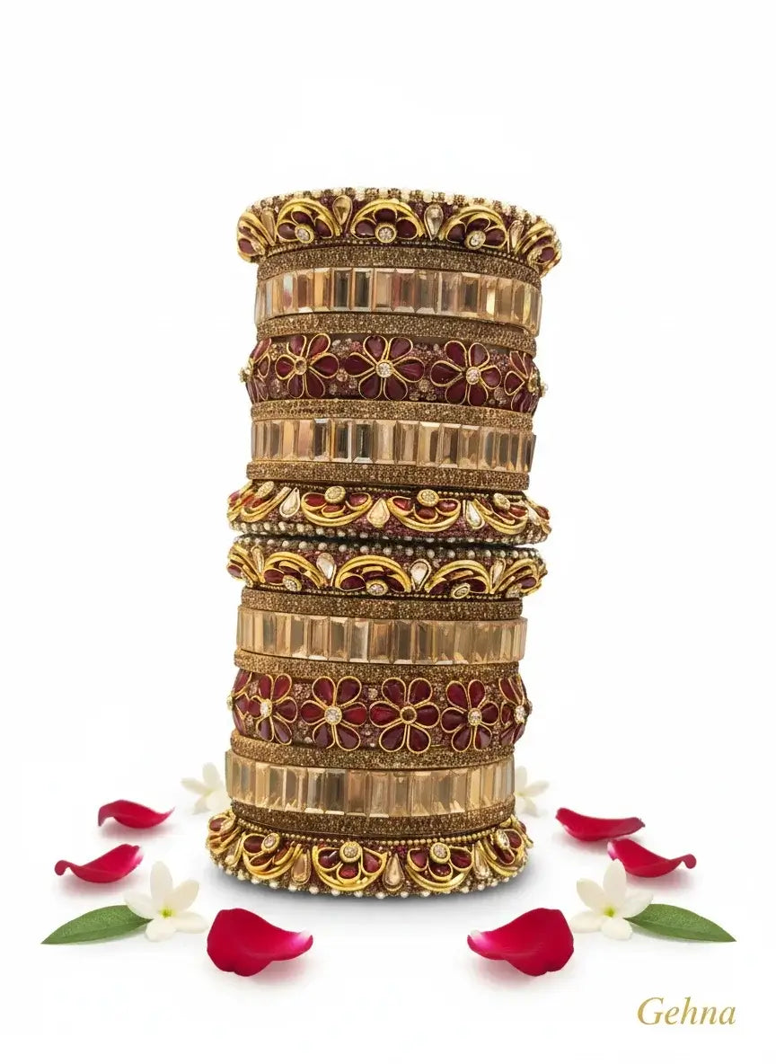 Maroon & Gold Bridal Floral Bangles – Premium Ethnic Jewellery Set displayed with floral accents and petals.
