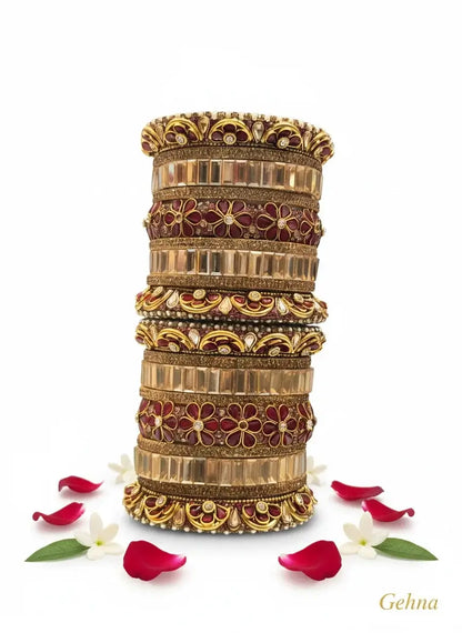 Maroon & Gold Bridal Floral Bangles – Premium Ethnic Jewellery Set displayed with floral accents and petals.