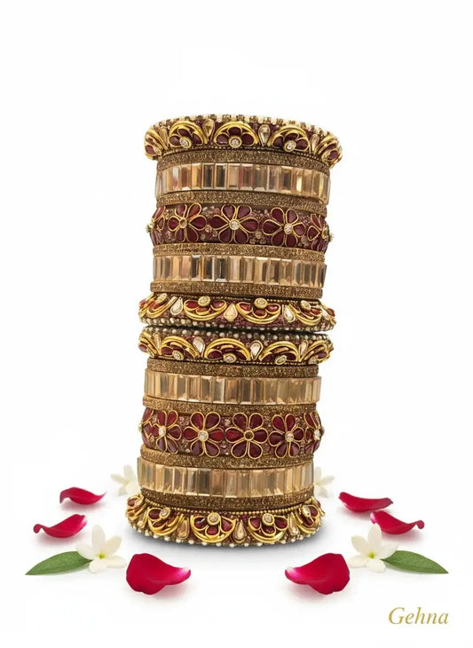 Maroon & Gold Bridal Floral Bangles – Premium Ethnic Jewellery Set displayed with floral accents and petals.