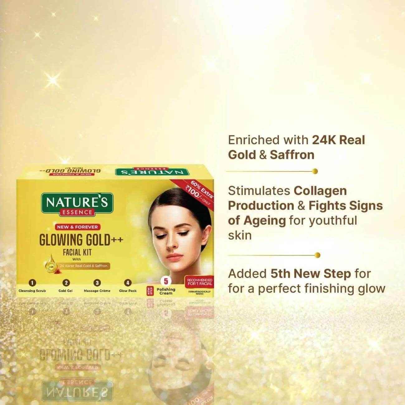 nature’s essence glowing gold facial kit gel | 3 uses, 4 count (20g) | radiant skin care