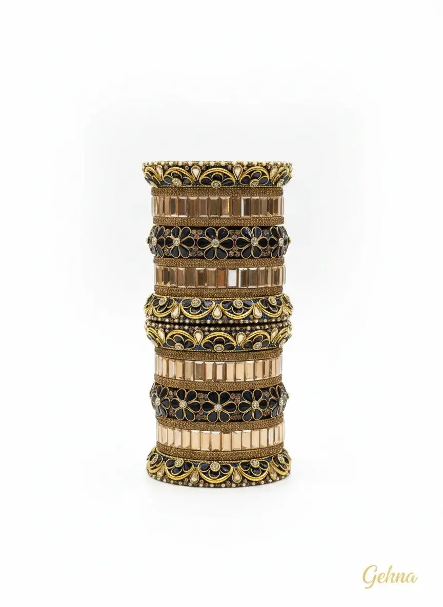 navy blue gold bridal floral stone bangles set – gehna designer collection featuring intricate floral designs and shimmering details.