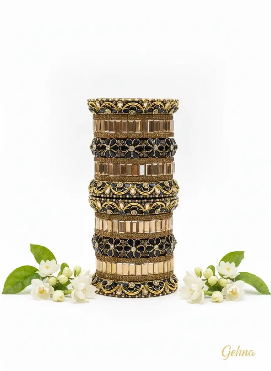 navy blue gold bridal floral stone bangles set – gehna designer collection with floral detailing and golden shimmer.