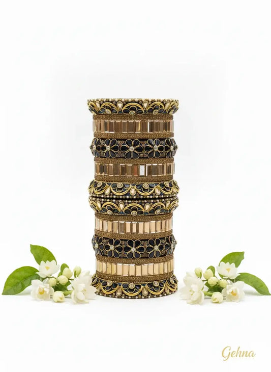 Navy Blue Gold Bridal Floral Stone Bangles Set – Gehna Designer Collection with floral detailing and golden shimmer.